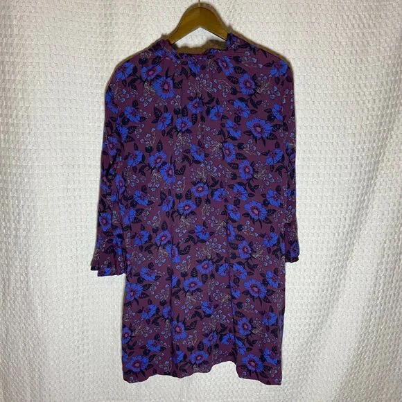 Free People Plum Purple Blouse Blue Floral Tunic Bell Sleeves Boho Size L - Picture 4 of 9